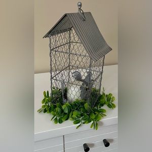 TIN & CHICKEN WIRE CLOCHE WITH GREENERY WREATH TIN ROOSTER CANDLE & HOLDER